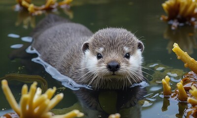 Newly hatched sea otter pup floating on calm spring waters, surrounded by kelp and soft marine vegetation