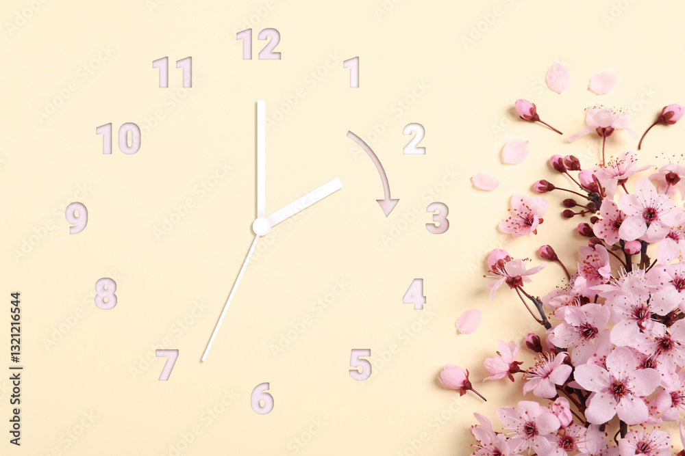 Poster clock and blossoming branch with pink flowers on beige background, top view. arrow showing time chan