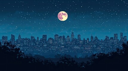 Night city skyline with pink moon. Stock photo