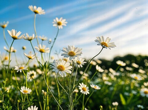 Beautiful wildflowers field nature landscape with white daisies blooming under blue sky natural scenery outdoor photography peaceful meadow sunlight and green grass spring floral background
