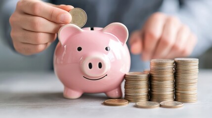 Saving money concept. Hand putting coin into piggy bank. Financial planning, investment, retirement savings.