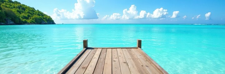 Rustic wooden dock extends over pristine turquoise sea, serene, picture