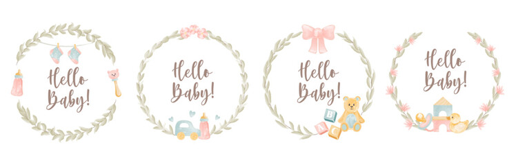 Hello baby watercolor floral frames isolated set decorated with newborn accessories cute elements © Mykola Syvak