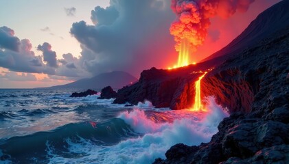 Volcanic eruption landscape with molten lava flowing into the ocean, geological formation, burning