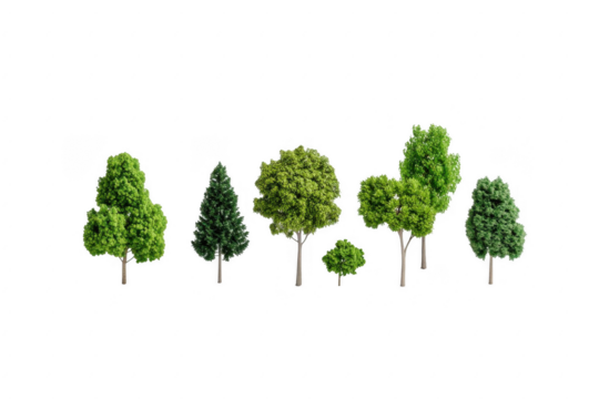 Collection of various miniature trees designed for landscaping or model making, featuring different sizes and shades of green, ideal for enhancing model scenery