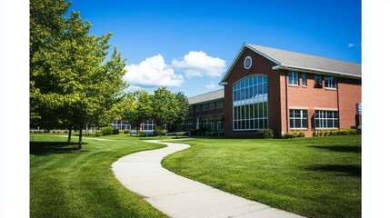 A winding path leads to a large brick building surrounded by vibrant green grass and trees, all beneath a bright blue sky with fluffy white clouds on a sunny day