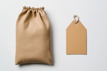 Brown fabric pouch with blank tag beside it, perfect for gift pa