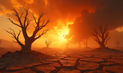Extreme heatwave in a cracked dry desert shimmering air skeletons of trees