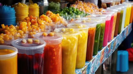 Vibrant array of chilled fruit beverages at bustling local market stand