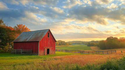Rustic red barn stands in a golden field with a picturesque landscape in the background