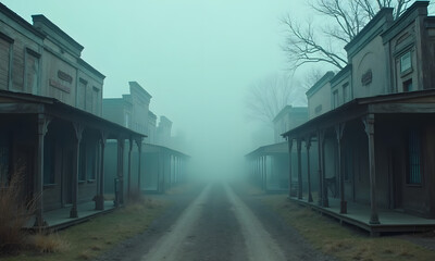 Obraz premium Fog creeping through an abandoned ghost town old saloons barely visible
