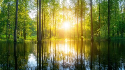 Obraz premium A serene forest scene at sunrise, reflecting golden light on calm waters surrounded by lush greenery.