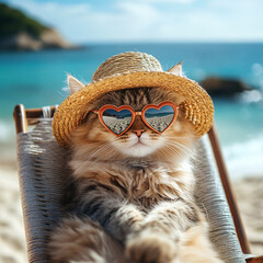 Cute cat wearing heart-shaped sunglasses relaxes on a beach chair under a straw hat beside the ocean on a sunny day. Generative AI