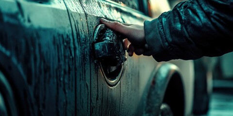 A person opens the car door with their hand, preparing to get in or out