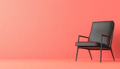 Obraz premium Stylish black chair against coral wall modern interior design minimalist aesthetic contemporary living space