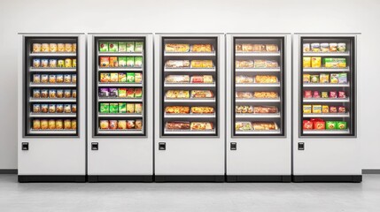 A row of modern vending machines filled with various snacks and drinks, set against a plain background.