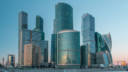 Obraz premium Moscow City skyscrapers in winter day to night timelapse.
