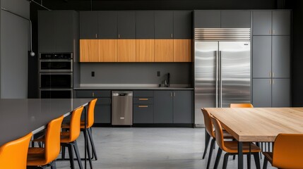 Minimalist communal kitchen with modern appliances and shared dining space, coliving lifestyle