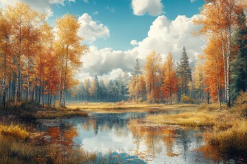 Fototapeta premium A serene autumn landscape featuring vibrant orange trees, a calm reflective lake, and a picturesque sky with fluffy clouds.