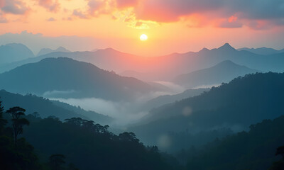 Fototapeta premium Misty mountain peaks rising above a dense rainforest early morning glow
