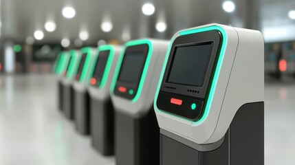 Fototapeta premium A series of modern ticket machines with illuminated displays, positioned in a spacious, well-lit environment.