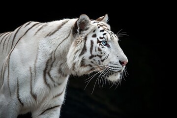 close up of white tiger isolated on black background