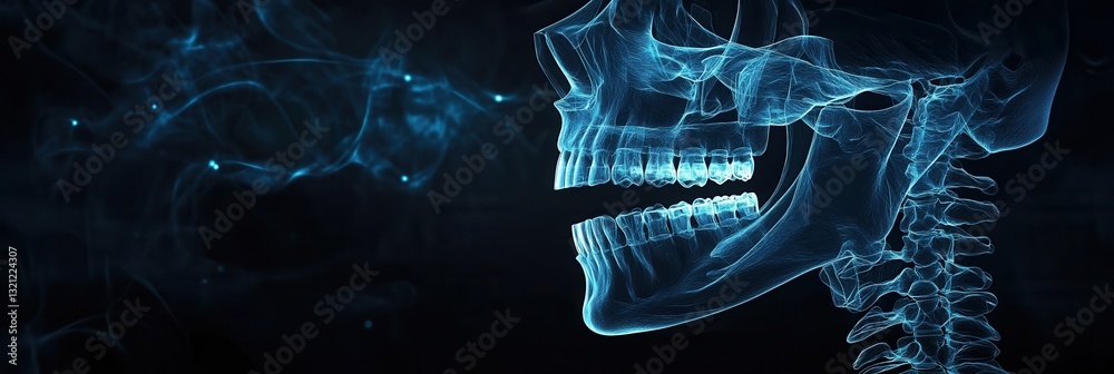 Poster detailed x-ray blueprint showing jawbone with implants and skeletal outlines against a dark medical 
