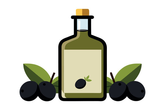 recommend clip art: Olive Oil Bottle Surrounded by Olives and Green Leaves in Vector Art Style