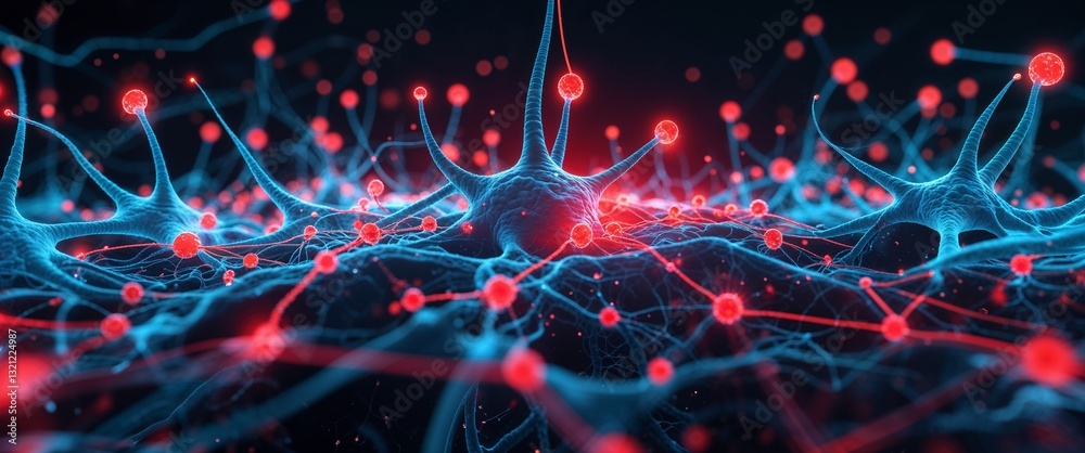 Poster cyan neural network neuron connection red dark background motion and energy concept modern and futur