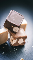 Kontrastreiche Schokopralinen auf dunklem Untergrund – Genuss in Szene gesetzt