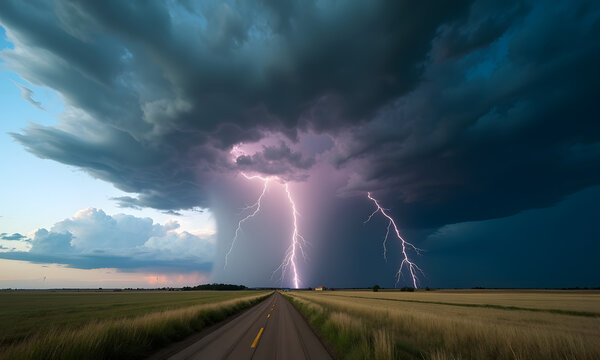 Supercell thunderstorm over an open prairie lightning bolts striking the ground ominous swirling clouds