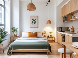 Neatly designed coliving sleeping area with compact furniture and soft lighting