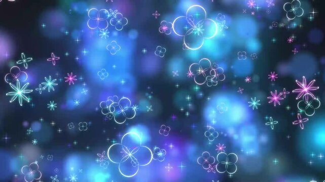 キラキラひかるフローラルな花模様パーティクルとブルーネオンカラーの円形パーティクルCGイルミネーション：ループ素材：姫系プリンセス・少女アニメの変身シーンのようなかわいい背景アニメーション