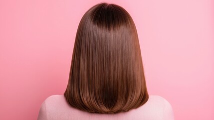 Naklejka premium Back view of a woman with shiny, straight, brown hair against a pink background. Concept of hair care, beauty, and hairstyle.