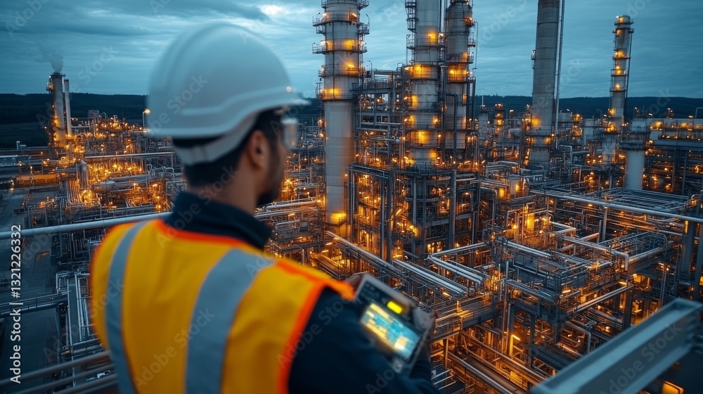 Poster An engineer in safety gear oversees automated systems in a petrochemical refinery, surrounded by illuminated structures at twilight. The focus is on efficient manufacturing and processing.