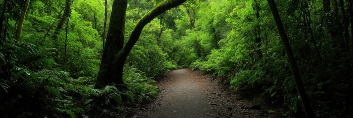 Naklejka premium A captivating view of a meandering pathway surrounded by dense green foliage, inviting viewers to explore nature's beauty and enjoy a peaceful stroll.