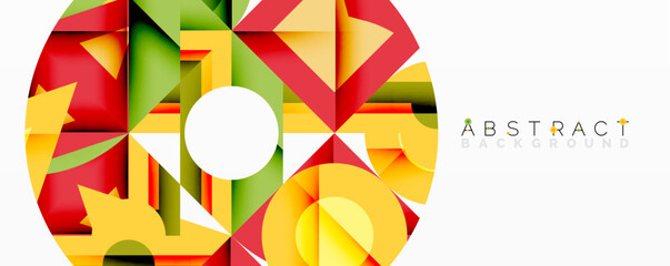 Fototapeta premium Circles, semi circles, squares and round triangles. Geometric mosaic style pattern abstract background for wallpaper, banner, backdrop, card, book Illustration, landing page
