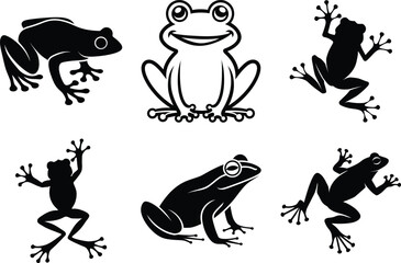 Naklejka premium Frog silhouettes clipart vector. Tree frog, Jumping frog svg, Jumping frog silhouette, Frog svg, Sitting frog silhouette, Frog black vector illustration isolated on white background.