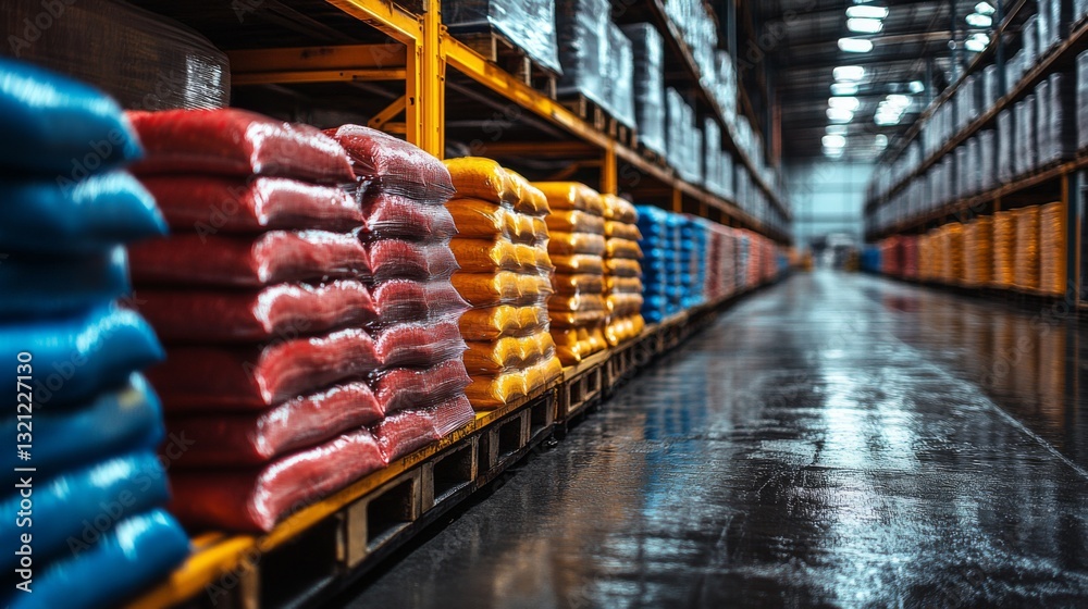 Poster brightly colored bags of chemical materials are neatly stacked on pallets in a spacious warehouse. t