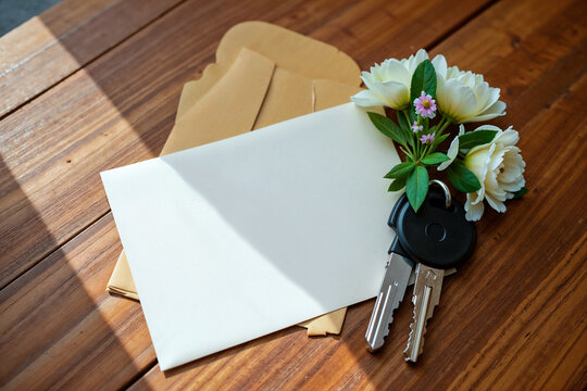 Congratulations for new homeowners with house keys and a boutonniere on wooden surface, copy spacy