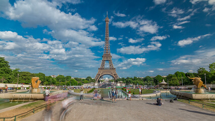 Fountains on famous square Trocadero with Eiffel tower in the background timelapse hyperlapse.