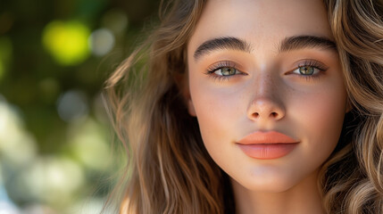 Smiling young woman with wavy hair in natural sunlight