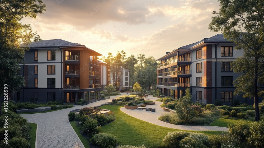 Poster golden rays illuminate the contemporary apartments surrounded by vibrant gardens and walking paths, 
