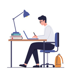 Young man working at desk with laptop in flat vector art