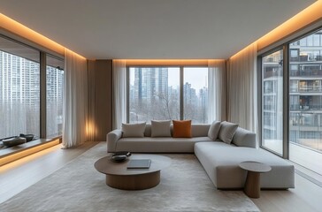 Fototapeta premium Modern living room with large windows showcasing city skyline, minimalist design and cozy ambiance