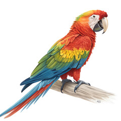 Fototapeta premium A vibrant, detailed illustration of a scarlet macaw perched on a branch against a white background.