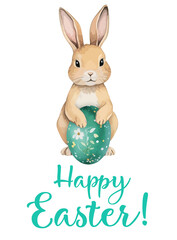 Easter card. Cute bunny with painted egg. Watercolor drawing of egg on white background. Spring collection.