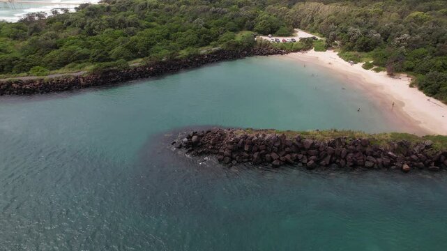 Aerial View Of Marlo's Beach,Tweed River In NSW, Australia - Drone Shot