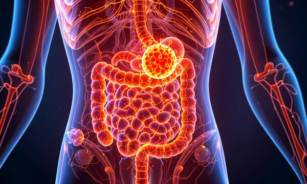 A glowing digital illustration of the human digestive system with inflamed intestines, symbolizing gastrointestinal issues. Concept of health and medicine