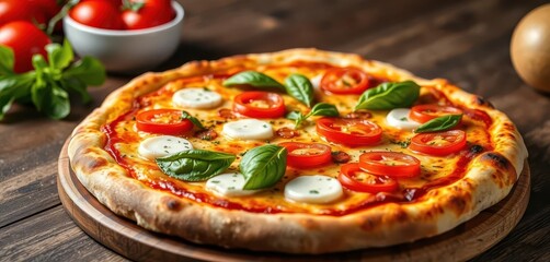 Vibrant Italian pizza; green, white, red toppings, white, autumn